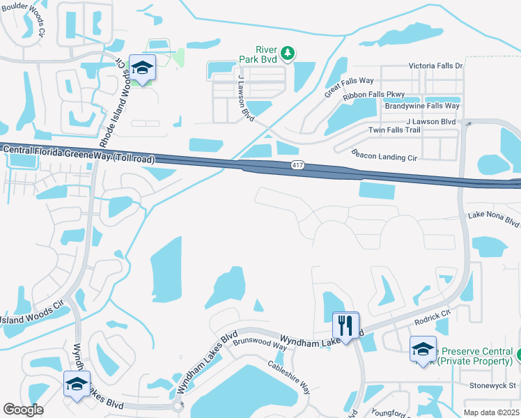 map of restaurants, bars, coffee shops, grocery stores, and more near 12392 Northover Loop in Orlando