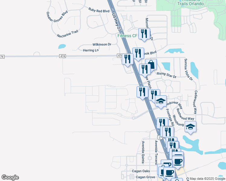 map of restaurants, bars, coffee shops, grocery stores, and more near 1403 North US Highway 27 in Clermont