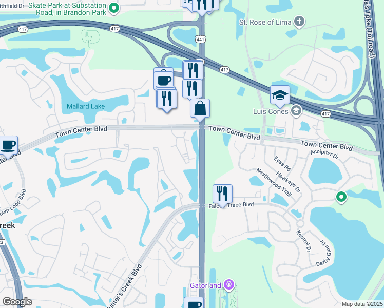 map of restaurants, bars, coffee shops, grocery stores, and more near 13560 Turtle Marsh Loop in Orlando