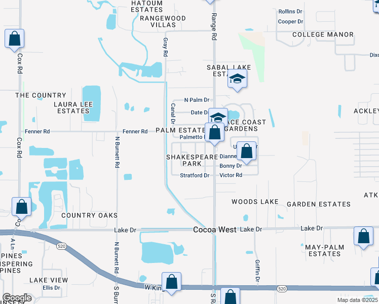 map of restaurants, bars, coffee shops, grocery stores, and more near 2520 Marlowe Place in Cocoa
