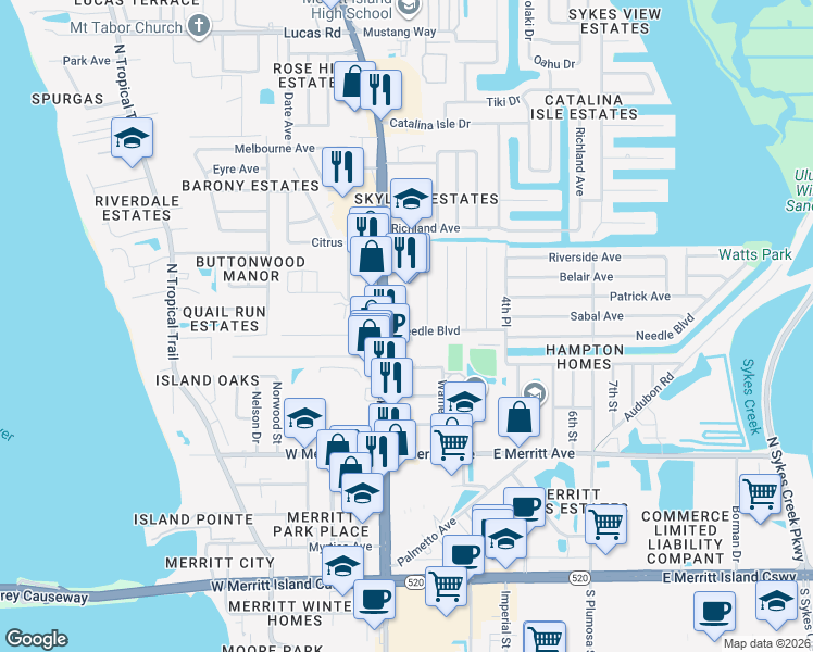map of restaurants, bars, coffee shops, grocery stores, and more near 590 North Courtenay Parkway in Merritt Island