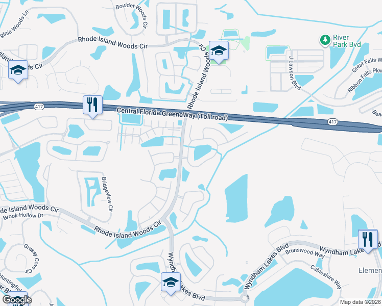 map of restaurants, bars, coffee shops, grocery stores, and more near 2047 Meadow Pond Way in Orlando