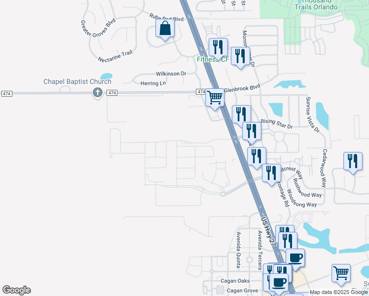 map of restaurants, bars, coffee shops, grocery stores, and more near 1315 US Highway 27 in Clermont