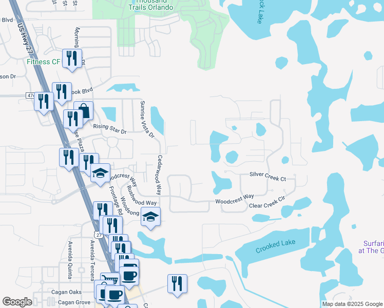 map of restaurants, bars, coffee shops, grocery stores, and more near 17143 Blessing Drive in Clermont