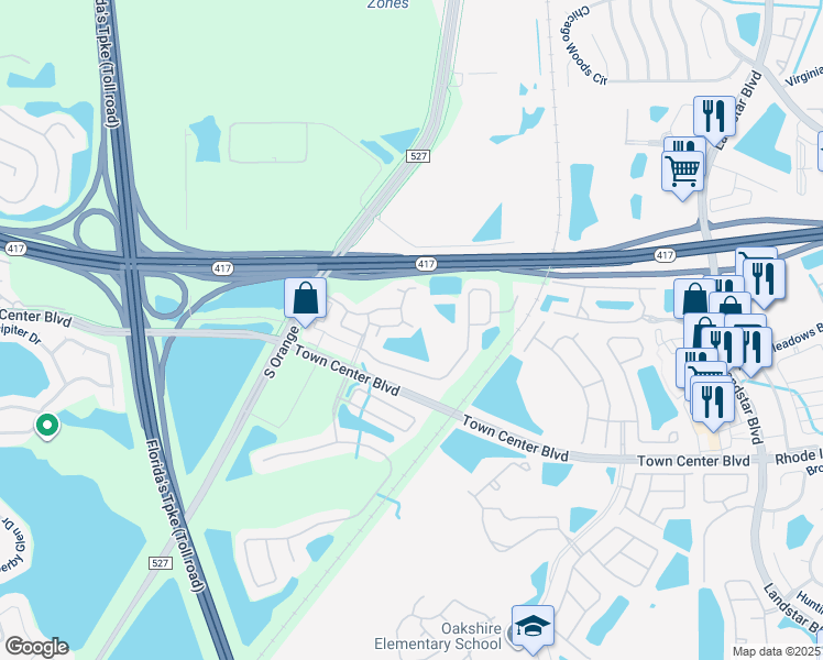 map of restaurants, bars, coffee shops, grocery stores, and more near 13499 Applerose Lane in Orlando