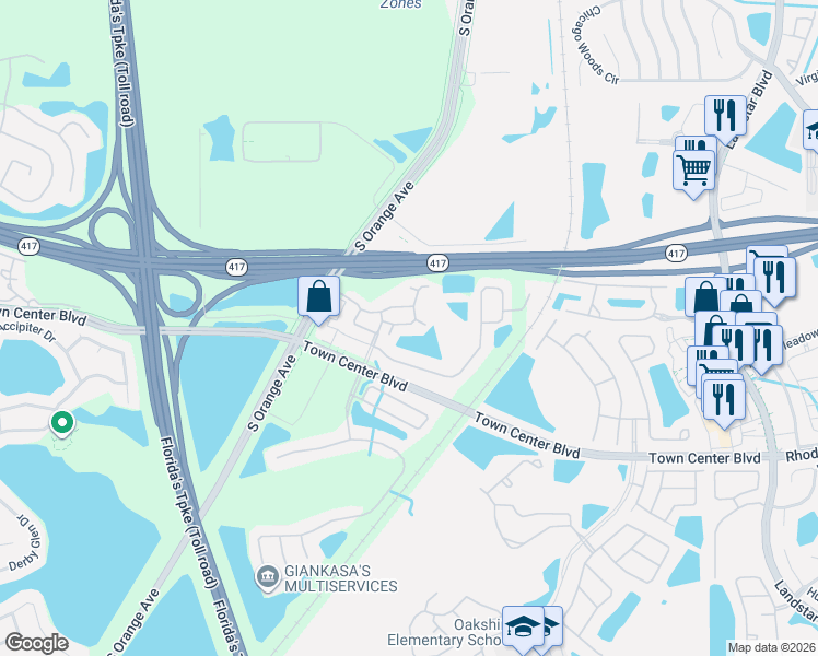 map of restaurants, bars, coffee shops, grocery stores, and more near 278 Glowing Peace Lane in Orlando