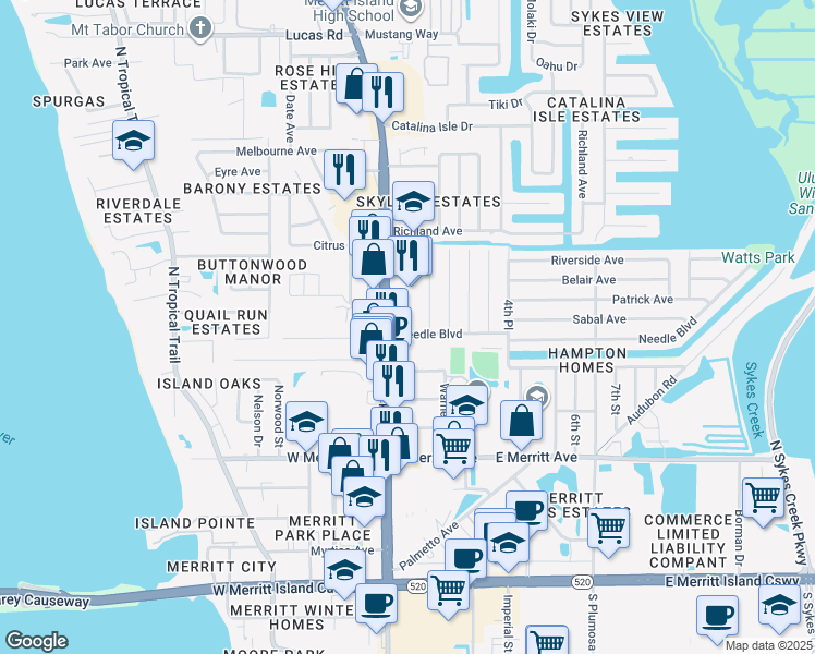 map of restaurants, bars, coffee shops, grocery stores, and more near 50 Needle Boulevard in Merritt Island