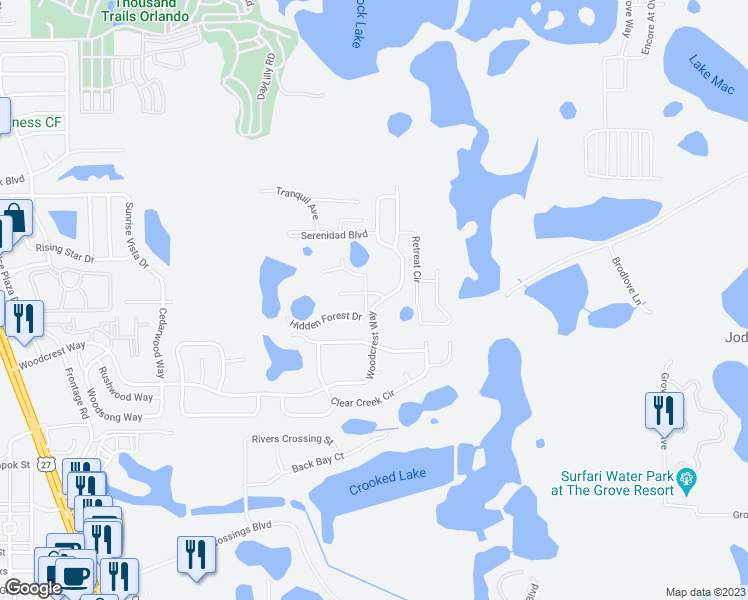 map of restaurants, bars, coffee shops, grocery stores, and more near 1311 Zureiq Court in Clermont