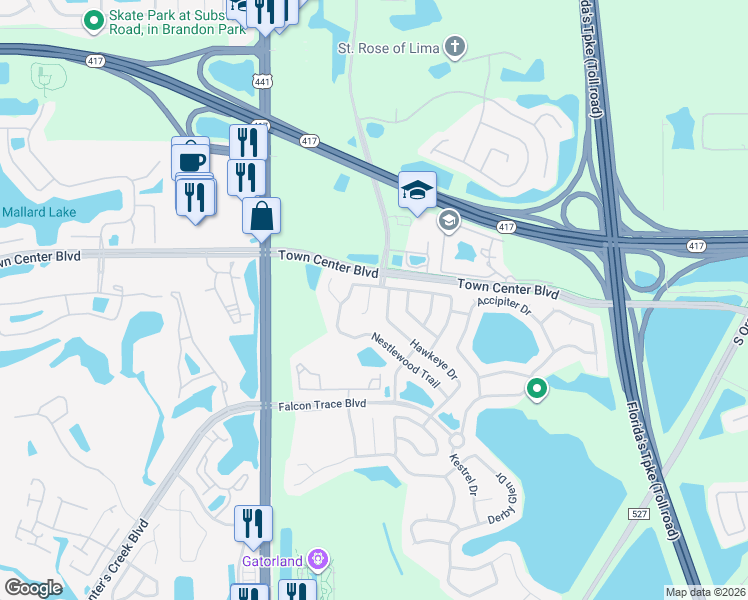 map of restaurants, bars, coffee shops, grocery stores, and more near 1831 Nestlewood Trail in Orlando