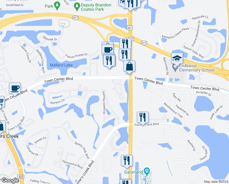 map of restaurants, bars, coffee shops, grocery stores, and more near 13500 Turtle Marsh Loop in Orlando