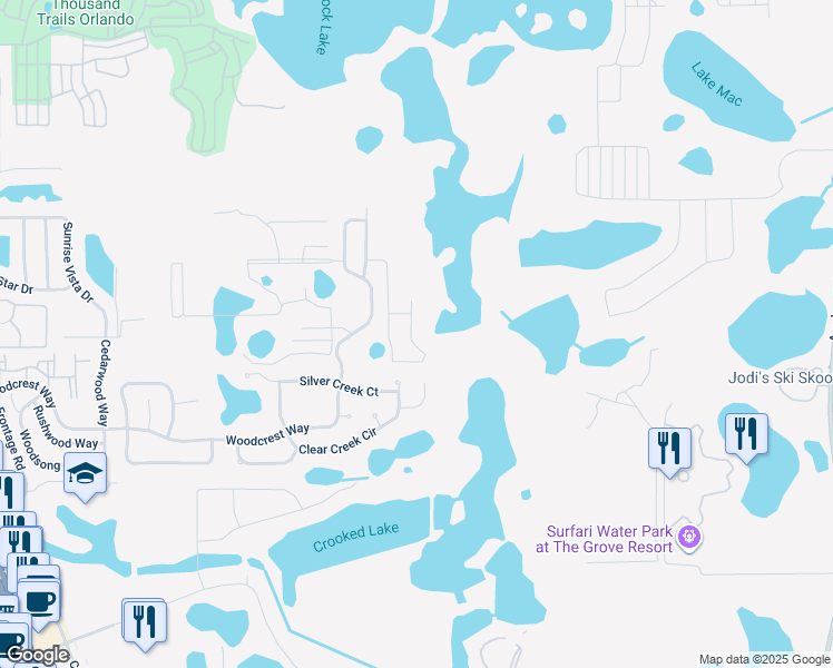 map of restaurants, bars, coffee shops, grocery stores, and more near 1424 Retreat Circle in Clermont