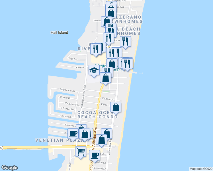 map of restaurants, bars, coffee shops, grocery stores, and more near 105 Pulsipher Avenue in Cocoa Beach