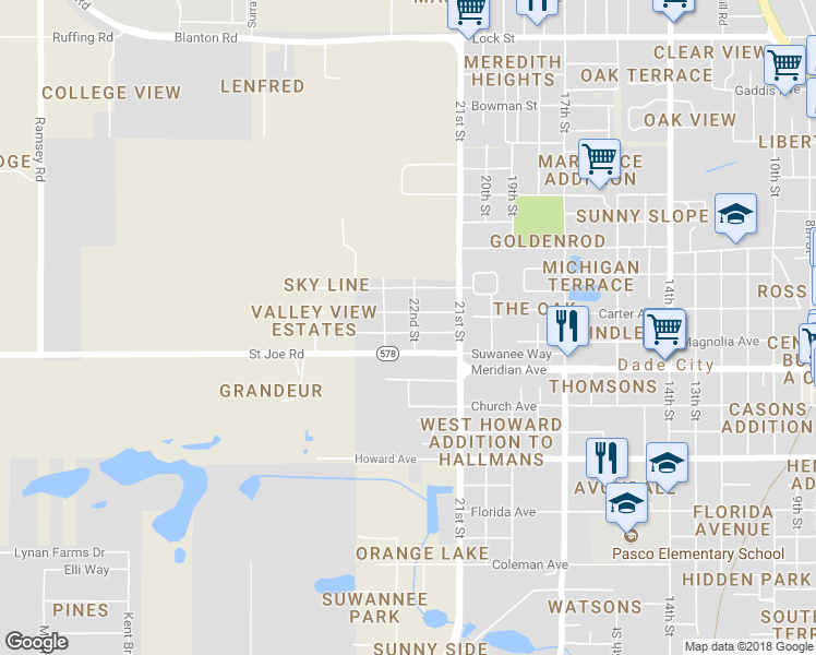 map of restaurants, bars, coffee shops, grocery stores, and more near 36845 Virginia Avenue in Dade City