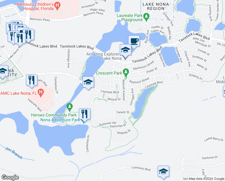 map of restaurants, bars, coffee shops, grocery stores, and more near 8119 Laureate Boulevard in Orlando