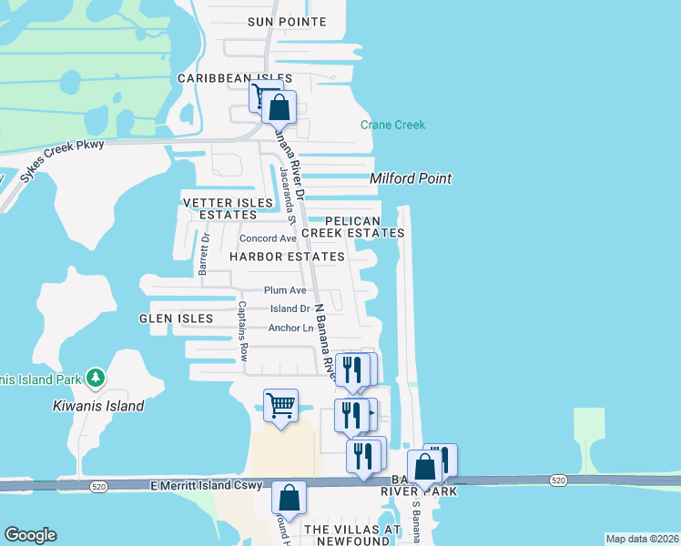 map of restaurants, bars, coffee shops, grocery stores, and more near 565 Albatross Street in Merritt Island