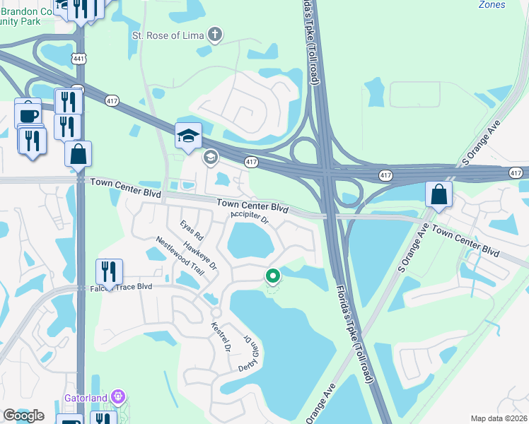 map of restaurants, bars, coffee shops, grocery stores, and more near 1416 Swainson Court in Orlando
