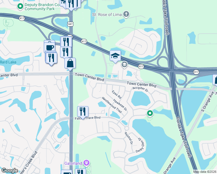 map of restaurants, bars, coffee shops, grocery stores, and more near 13511 Tetherline Trail in Orlando