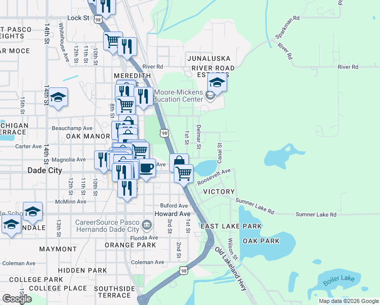 map of restaurants, bars, coffee shops, grocery stores, and more near 14312 1st Street in Dade City