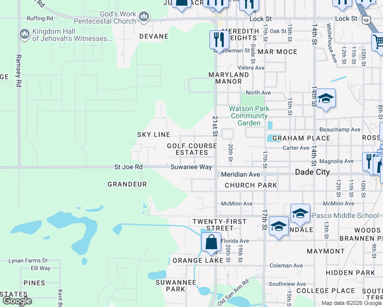 map of restaurants, bars, coffee shops, grocery stores, and more near 36845 Virginia Avenue in Dade City