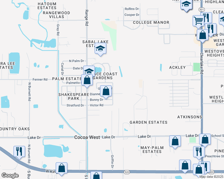 map of restaurants, bars, coffee shops, grocery stores, and more near 2393 Victor Road in Cocoa