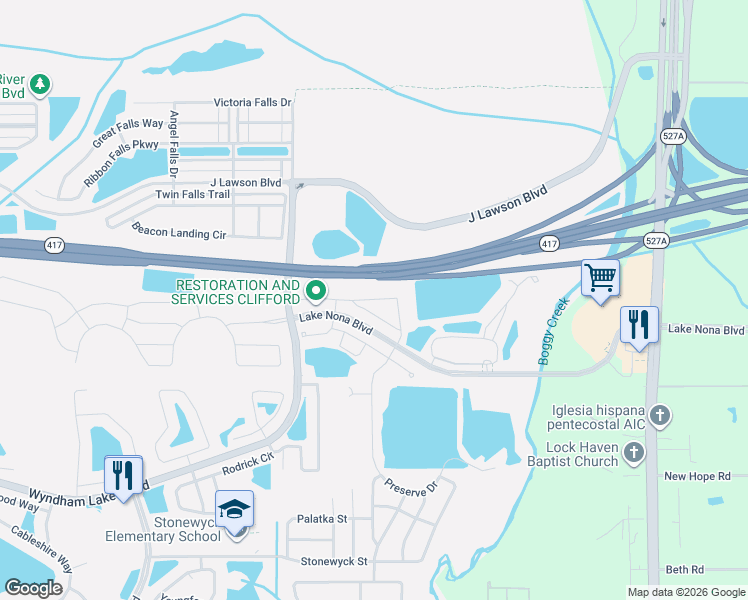 map of restaurants, bars, coffee shops, grocery stores, and more near 3743 Plainview Drive in Orlando