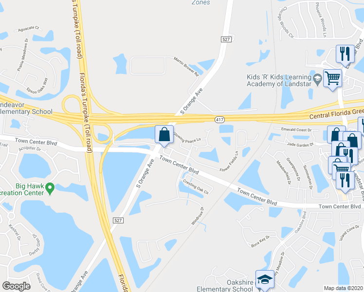 map of restaurants, bars, coffee shops, grocery stores, and more near 154 Glowing Peace Lane in Orlando