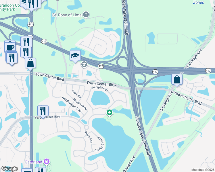 map of restaurants, bars, coffee shops, grocery stores, and more near 1416 Swainson Court in Orlando