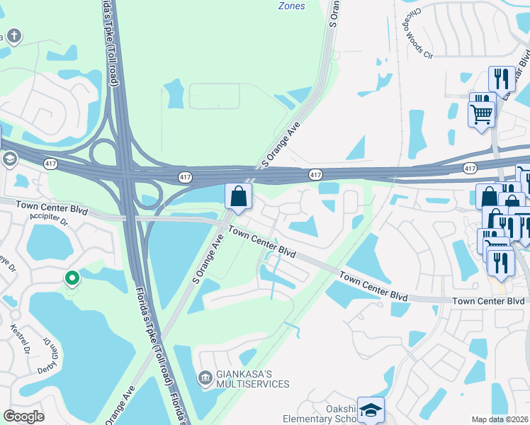 map of restaurants, bars, coffee shops, grocery stores, and more near 154 Glowing Peace Lane in Orlando
