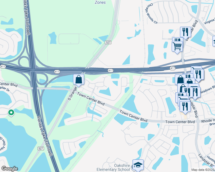 map of restaurants, bars, coffee shops, grocery stores, and more near 13499 Applerose Ln in Orlando