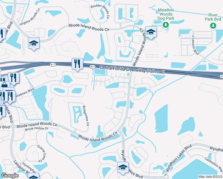 map of restaurants, bars, coffee shops, grocery stores, and more near 1503 Antigua Bay Drive in Orlando