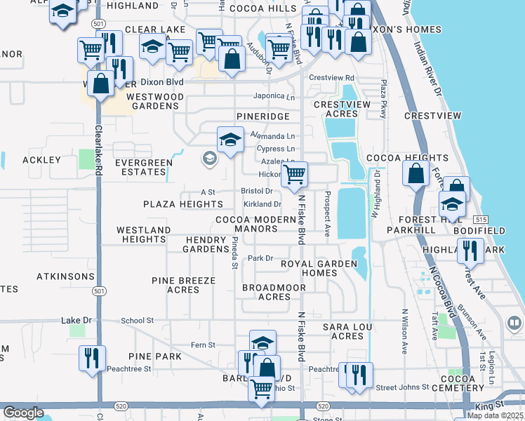 map of restaurants, bars, coffee shops, grocery stores, and more near 1109 Kirkland Dr in Cocoa