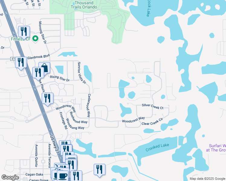 map of restaurants, bars, coffee shops, grocery stores, and more near 17229 Blessing Drive in Clermont