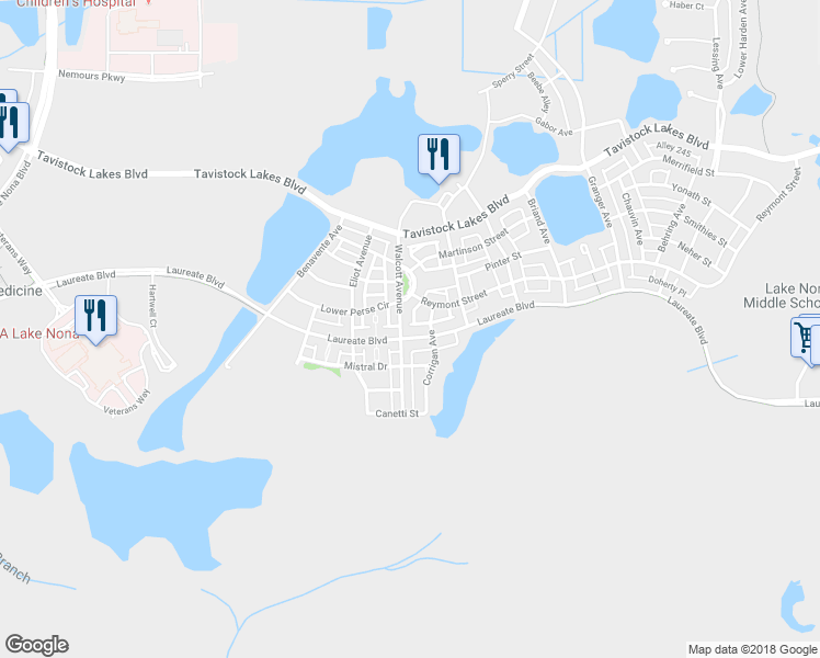 map of restaurants, bars, coffee shops, grocery stores, and more near 8335 Laureate Boulevard in Orlando