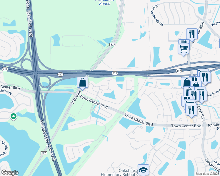 map of restaurants, bars, coffee shops, grocery stores, and more near 13499 Applerose Lane in Orlando