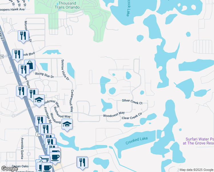 map of restaurants, bars, coffee shops, grocery stores, and more near 17336 Blessing Drive in Clermont