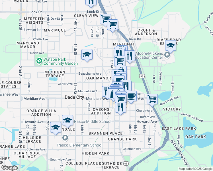 map of restaurants, bars, coffee shops, grocery stores, and more near 14321 9th Street in Dade City