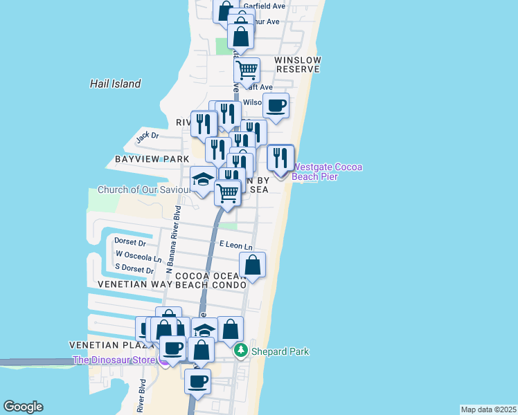 map of restaurants, bars, coffee shops, grocery stores, and more near 5300 Ocean Beach Boulevard in Cocoa Beach
