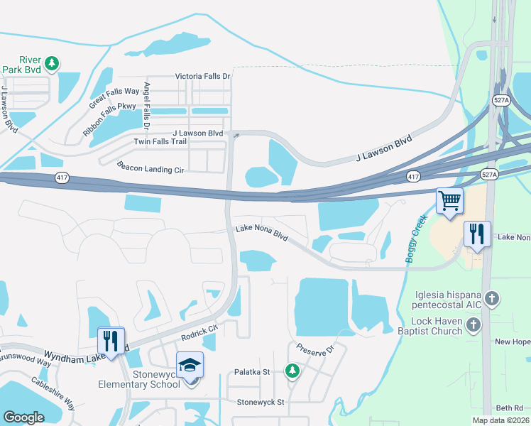 map of restaurants, bars, coffee shops, grocery stores, and more near 3743 Plainview Drive in Orlando