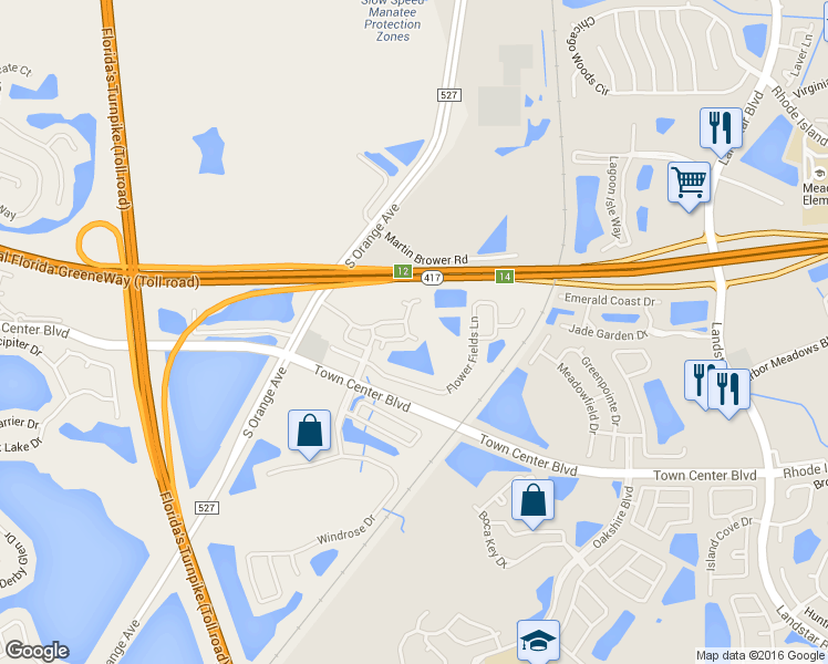 map of restaurants, bars, coffee shops, grocery stores, and more near 13499 Applerose Lane in Orlando