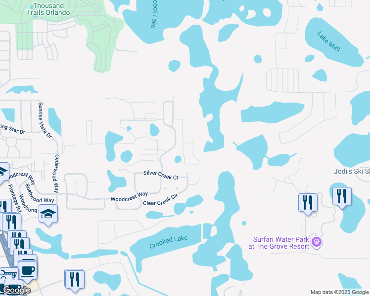 map of restaurants, bars, coffee shops, grocery stores, and more near 1657 Retreat Circle in Clermont