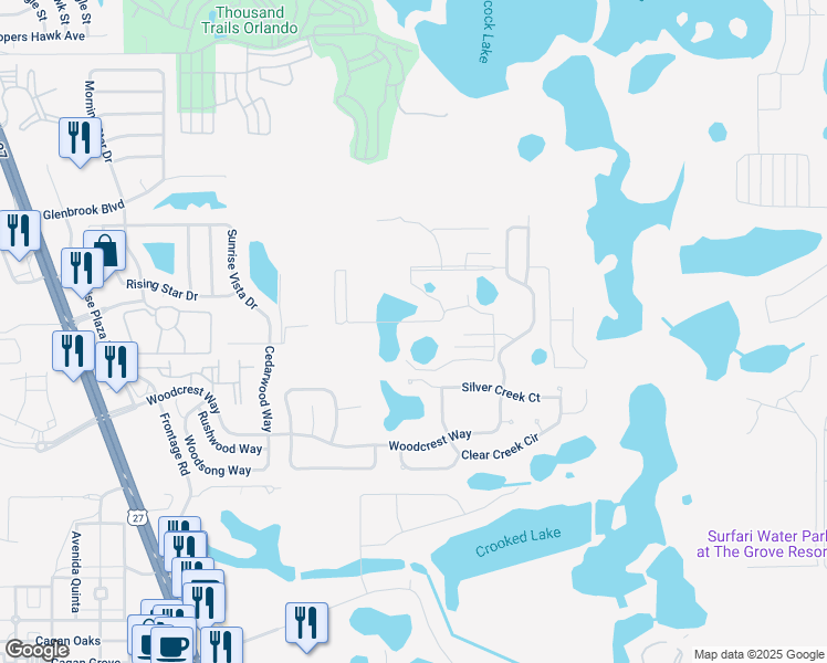 map of restaurants, bars, coffee shops, grocery stores, and more near 17336 Blessing Drive in Clermont