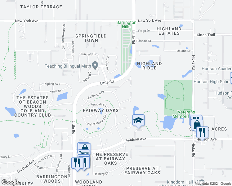 map of restaurants, bars, coffee shops, grocery stores, and more near 9318 Woodstone Lane in Hudson