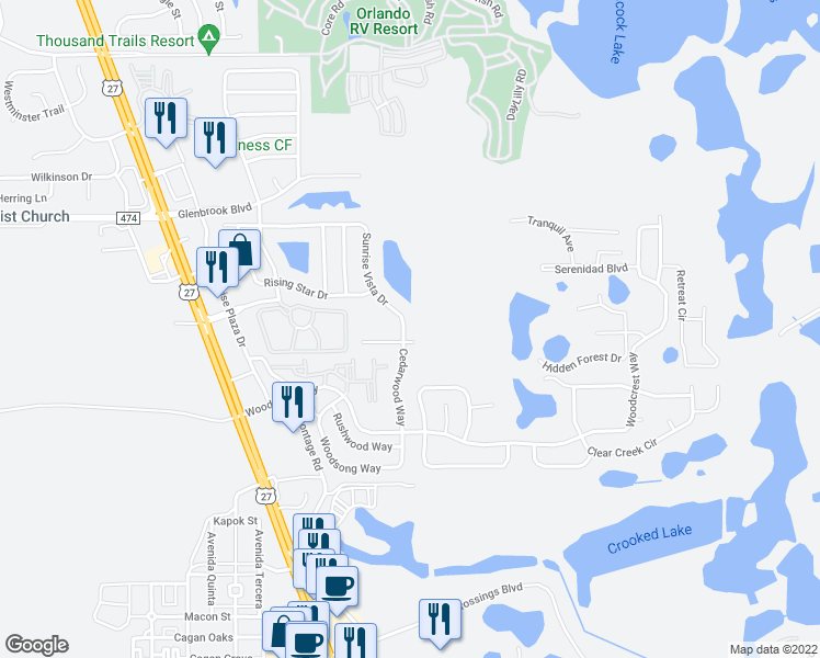 map of restaurants, bars, coffee shops, grocery stores, and more near 16951 Sunrise Vista Drive in Clermont