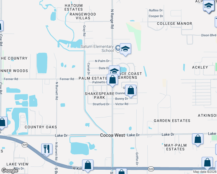 map of restaurants, bars, coffee shops, grocery stores, and more near 2586 Stratford Drive in Cocoa