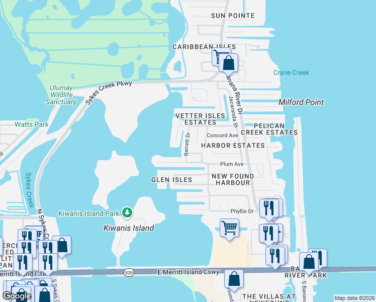 map of restaurants, bars, coffee shops, grocery stores, and more near 580 Janice Court in Merritt Island