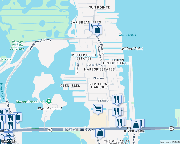 map of restaurants, bars, coffee shops, grocery stores, and more near 1465 Cunningham Avenue in Merritt Island