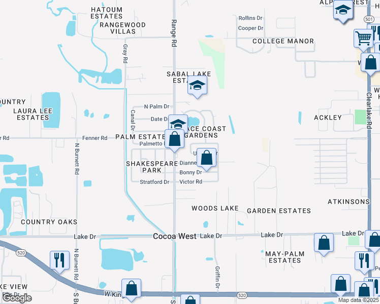 map of restaurants, bars, coffee shops, grocery stores, and more near 630 Leo Drive in Cocoa