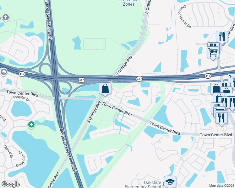 map of restaurants, bars, coffee shops, grocery stores, and more near 154 Glowing Peace Lane in Orlando