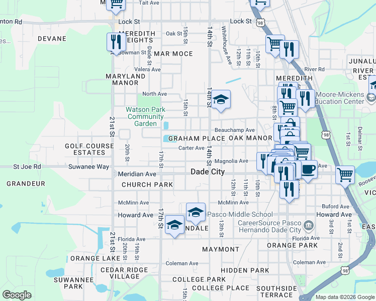 map of restaurants, bars, coffee shops, grocery stores, and more near 37419 Carter Avenue in Dade City