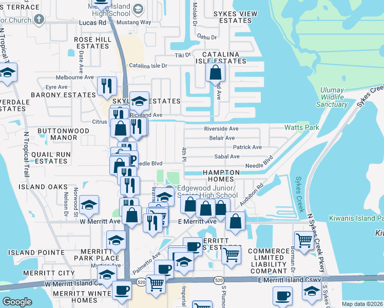 map of restaurants, bars, coffee shops, grocery stores, and more near 407 4th Place in Merritt Island
